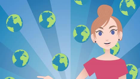 Animation-of-woman-talking-over-globe-icons