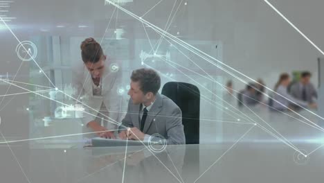Animation-of-connections-over-diverse-businesspeople-on-screens-in-white-space