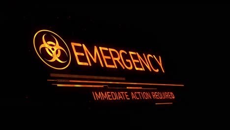 Animation-of-emergency-text-with-biohazard-symbol-on-black-background