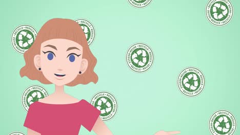 Animation-Einer-Frau,-Die-über-Recycling-Symbole-Spricht