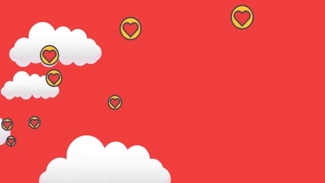 Animation-of-hearts-floating-over-red-sky-with-clouds