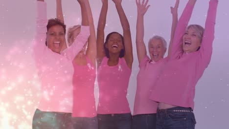 Animation-of-lights-over-diverse-group-of-a-happy-women
