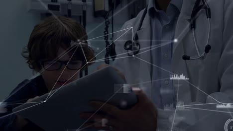 Animation-of-connections-over-caucasian-doctor-and-boy-with-tablet