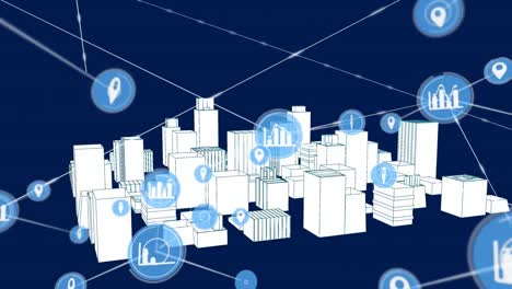 Animation-of-network-of-connections-with-icons-over-3d-architectural-city-model