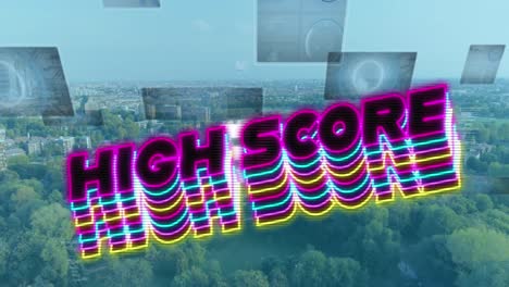 Animation-of-high-score-text-and-data-processing-over-cityscape