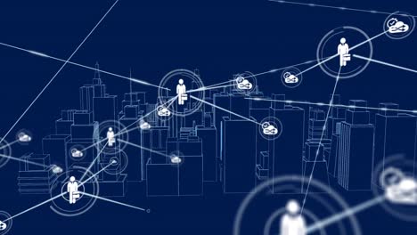 Animation-Des-Netzwerks-Von-Verbindungen-Mit-Menschensymbolen-über-Einem-3D-Architekturmodell-Der-Stadtlandschaft