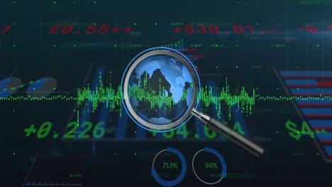 Animation-of-financial-data-processing-and-magnifying-glass-over-navy-background