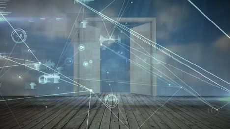 Animation-of-connections-over-opening-door-and-sky-with-clouds