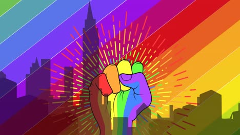 Animation-of-fist-over-cityscape-and-rainbow