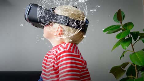 Animation-of-globe-with-numbers-over-caucasian-boy-using-vr-headset
