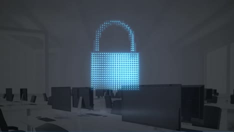 Animation-of-digital-padlock-and-cloud-over-computers-in-office