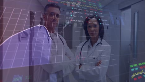 Animation-of-financial-data-over-diverse-female-and-male-doctors
