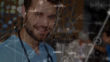 Animation-of-connections-over-caucasian-male-doctor-using-tablet