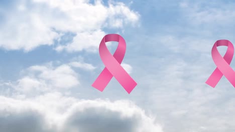 Animation-of-pink-ribbon-over-cloudy-sky