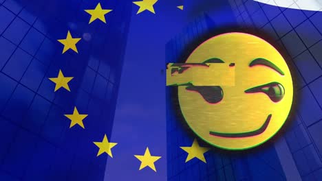 Animation-of-emoji-icon-and-eu-flag-over-cityscape