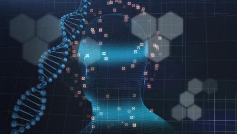 Animation-Von-Digitalem-Kopf-Und-DNA-Strang-Auf-Schwarzem-Hintergrund