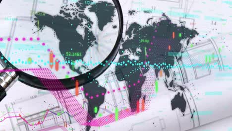 Animation-of-world-map-and-magnifying-glass-over-financial-data-processing