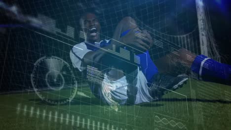 Animation-of-data-processing-over-african-american-male-soccer-player-suffering-on-stadium