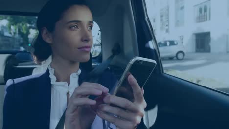 Animation-of-connections-with-globe-over-caucasian-businesswoman-using-smartphone