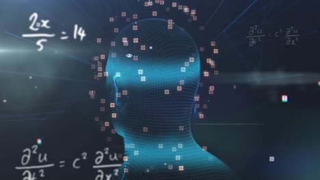 Animation-of-digital-head-and-mathematical-equations-on-black-background