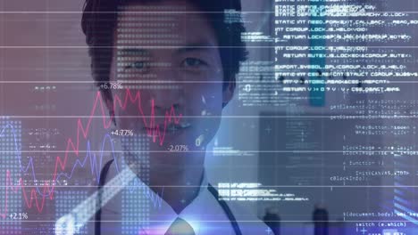 Animation-of-financial-data-over-happy-asian-male-doctor