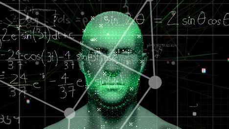 Animation-of-digital-head-and-mathematical-equations-on-black-background