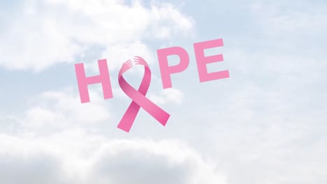 Animation-of-pink-ribbon-and-hope-text-over-cloudy-sky