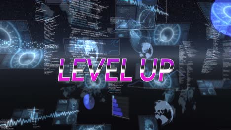 Animation-of-level-up-text-and-data-processing-on-black-background