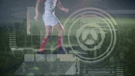 Animation-Verschiedener-Datenverarbeitung-über-Die-Beine-Eines-Kaukasischen-Männlichen-Fußballspielers-über-Der-Stadtlandschaft