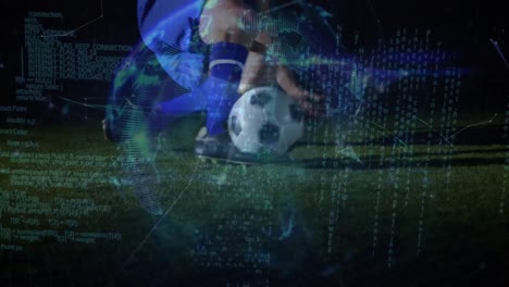 Animation-of-data-processing-and-globe-over-legs-of-caucasian-male-soccer-player-on-stadium
