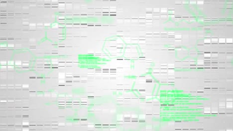 Animation-of-green-hexagons-over-data-processing-on-grey-background-with-white-lights