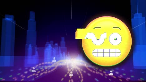 Animation-Des-Emoji-Symbols-über-Der-Digitalen-Stadt