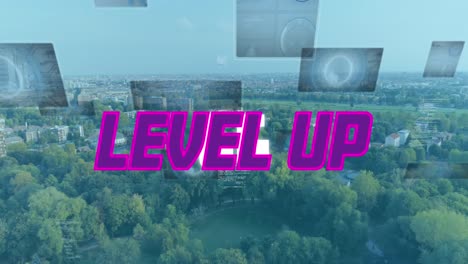 Animation-of-level-up-text-and-data-processing-over-cityscape