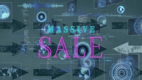 Animation-of-massive-sale-text-and-data-processing-with-arrows-on-white-background