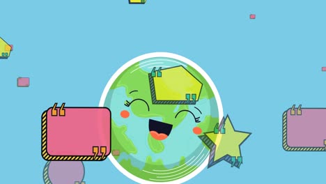 Animation-Von-Zitatblasen,-Die-über-Der-Glücklichen-Cartoon-Erde-Auf-Blauem-Hintergrund-Schweben