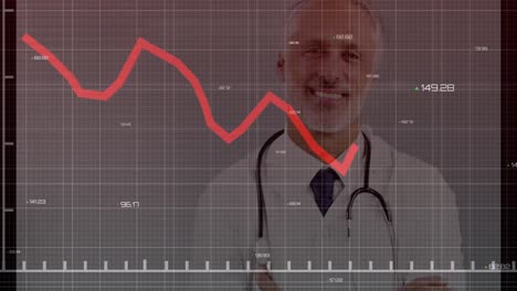 Animation-of-financial-data-over-happy-senior-caucasian-male-doctor