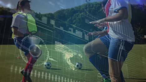 Animation-of-data-processing-over-diverse-boys-and-girls-playing-soccer-outdoors