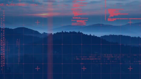 Animation-Der-Datenverarbeitung-über-Einer-Landschaft-Bei-Sonnenuntergang