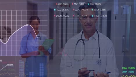 Animation-of-financial-data-over-diverse-female-and-male-doctors