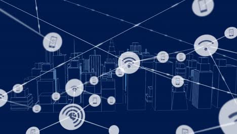 Animation-of-network-of-connections-with-icons-over-3d-architectural-city-model