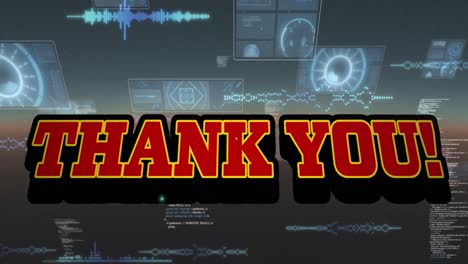Animation-of-thank-you-text-and-data-processing-on-black-background
