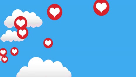 Animation-of-hearts-floating-over-blue-sky-with-clouds