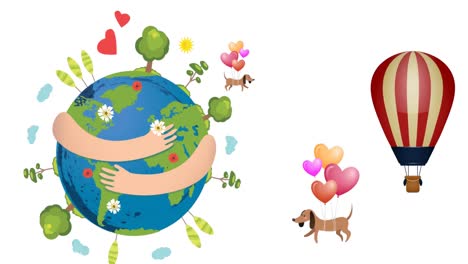 Animation-of-balloon-and-dog-with-heart-over-hands-holding-globe-on-white-background