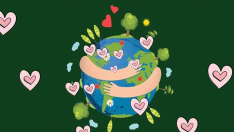 Animation-of-hearts-floating-over-hands-holding-globe-on-green-background