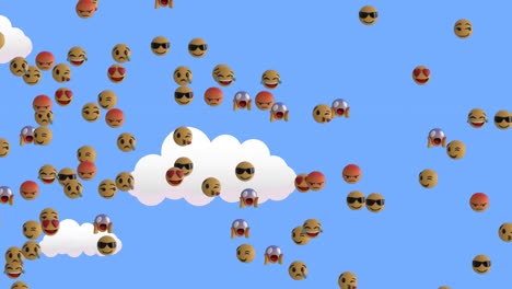 Animation-Von-Emoticons,-Die-über-Blauem-Himmel-Mit-Wolken-Schweben