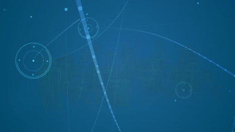Animación-De-Red-De-Conexiones-Sobre-Ciudad-Digital-Sobre-Fondo-Azul