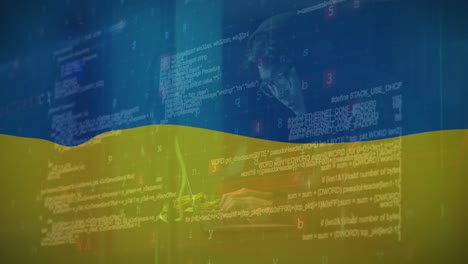 Animation-Eines-Kaukasischen-Männlichen-Hackers-Und-Datenverarbeitung-über-Der-Flagge-Der-Ukraine