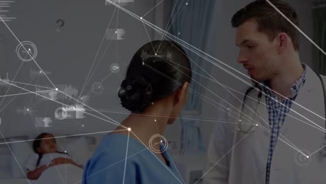 Animation-of-network-of-connections-over-diverse-female-nurse-and-male-doctor-talking