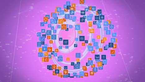 Animation-of-globe-made-of-technology-icons-and-clock-on-pink-background