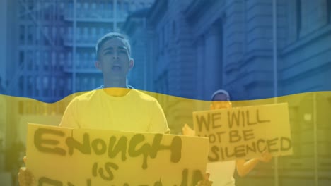 Animation-of-flag-of-ukraine-over-biracial-male-protesters